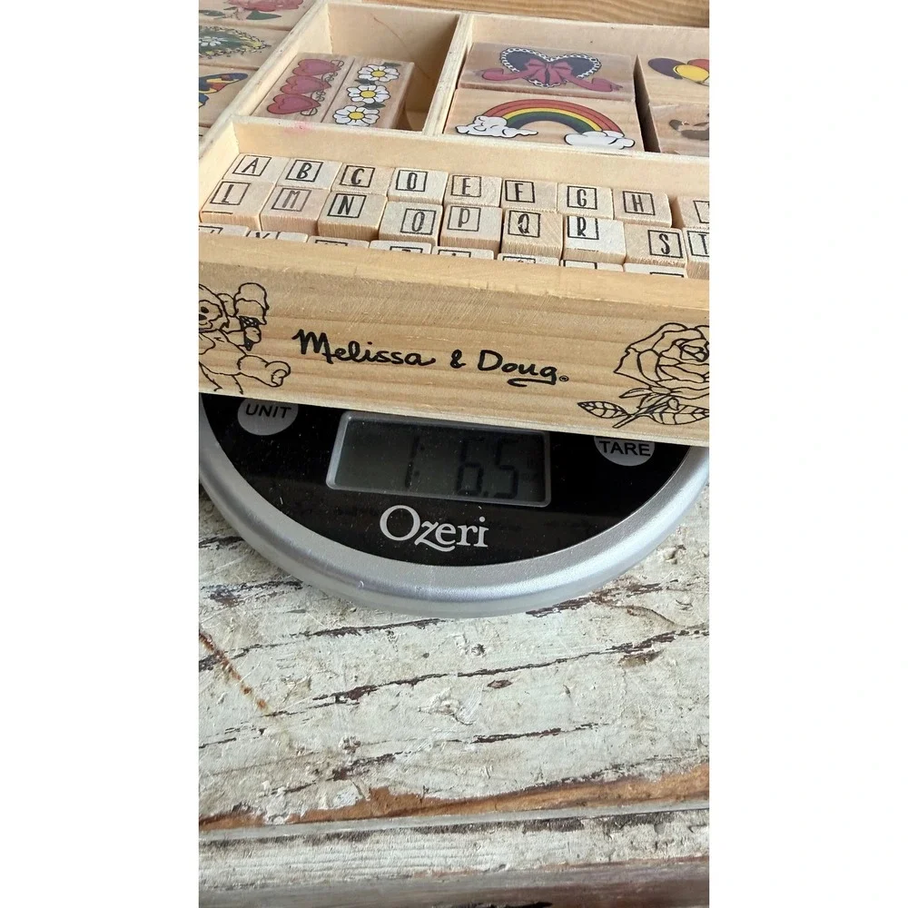 Melissa & Doug Wooden Rubber Stamp Set Alphabet Rainbow Butterfly Hearts